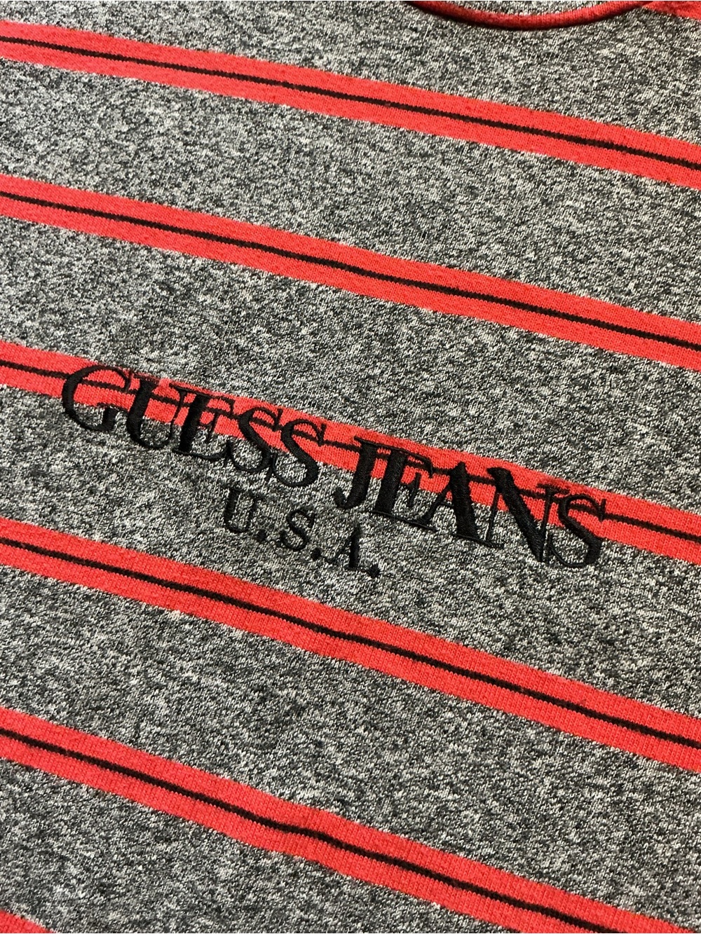 Vintage 90s Guess Jeans By Georges Marciano Striped Spellout Made In USA T-Shirt - Picture 5 of 7